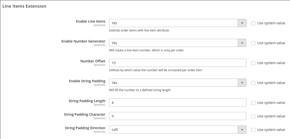 line item extension settings