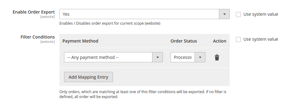 order export export settings